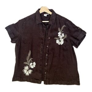 JM Collection Womens Top Size 10 Brown Embroidered Floral 100% Linen Button Up
